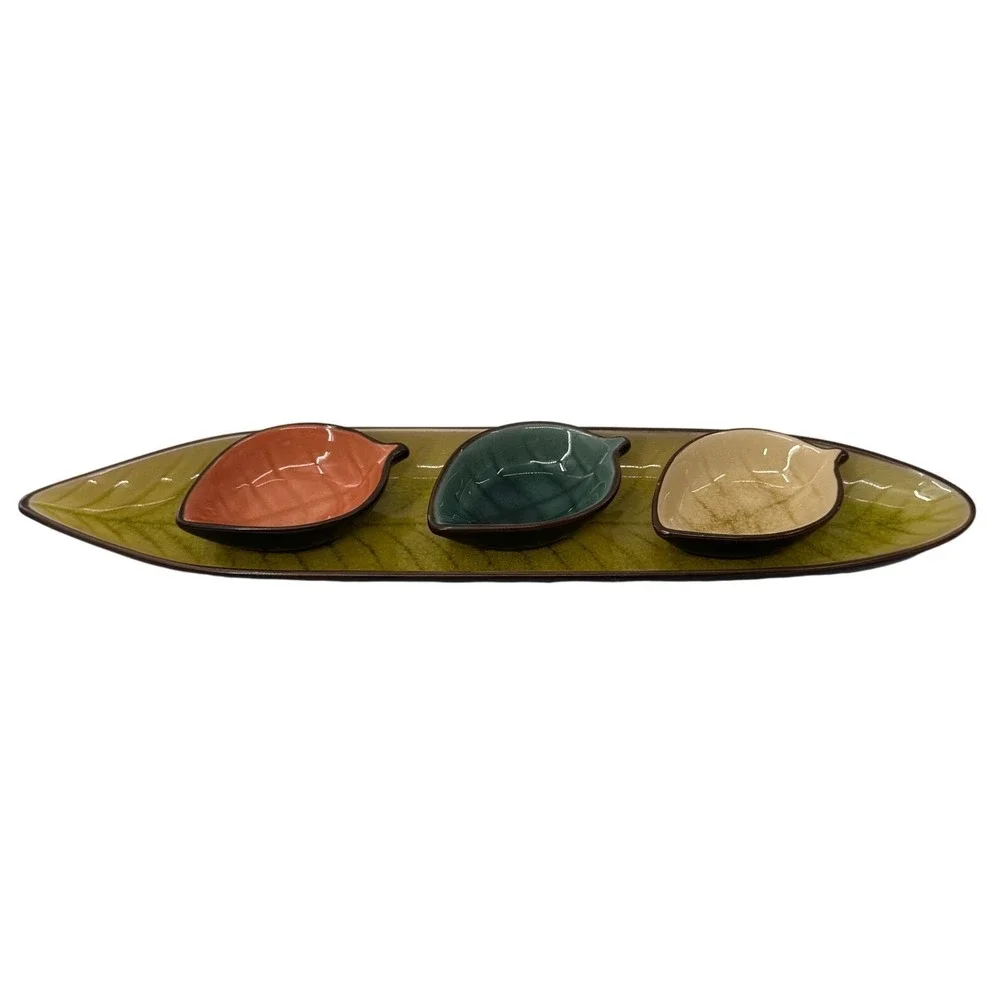 Pier 1 Imports Leaf Serving Tray Set Stoneware 4pc Green Dipping Bowls Farmhouse